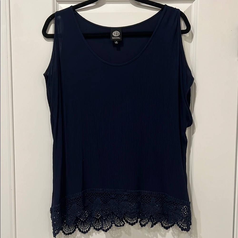 Navy cold Shoulder Top with Lace Hem